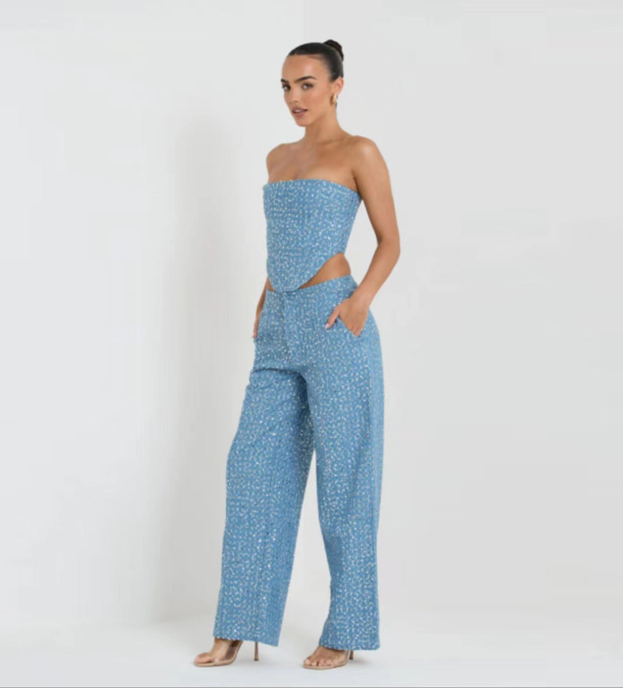 Fashion Denim Sequined Tube Top Wide Leg Pants Suit - Bellarte Enchanté Fashion Denim Sequined Tube Top Wide Leg Pants Suit